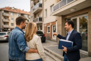 Agent handing keys to couple outside apartment building