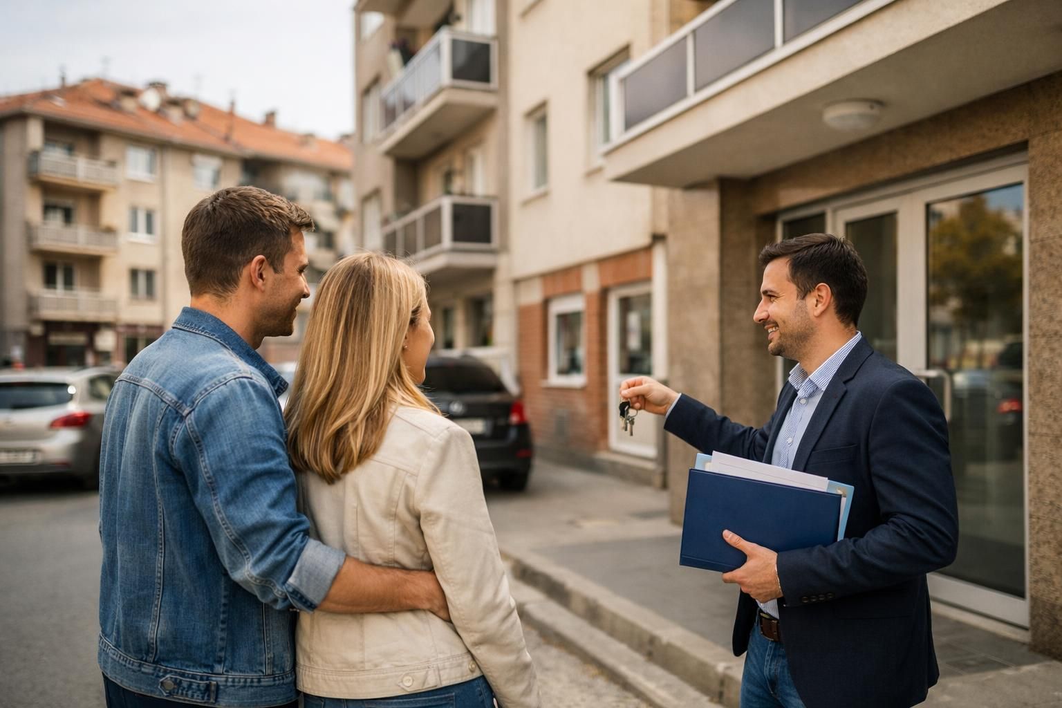 Agent handing keys to couple outside apartment building