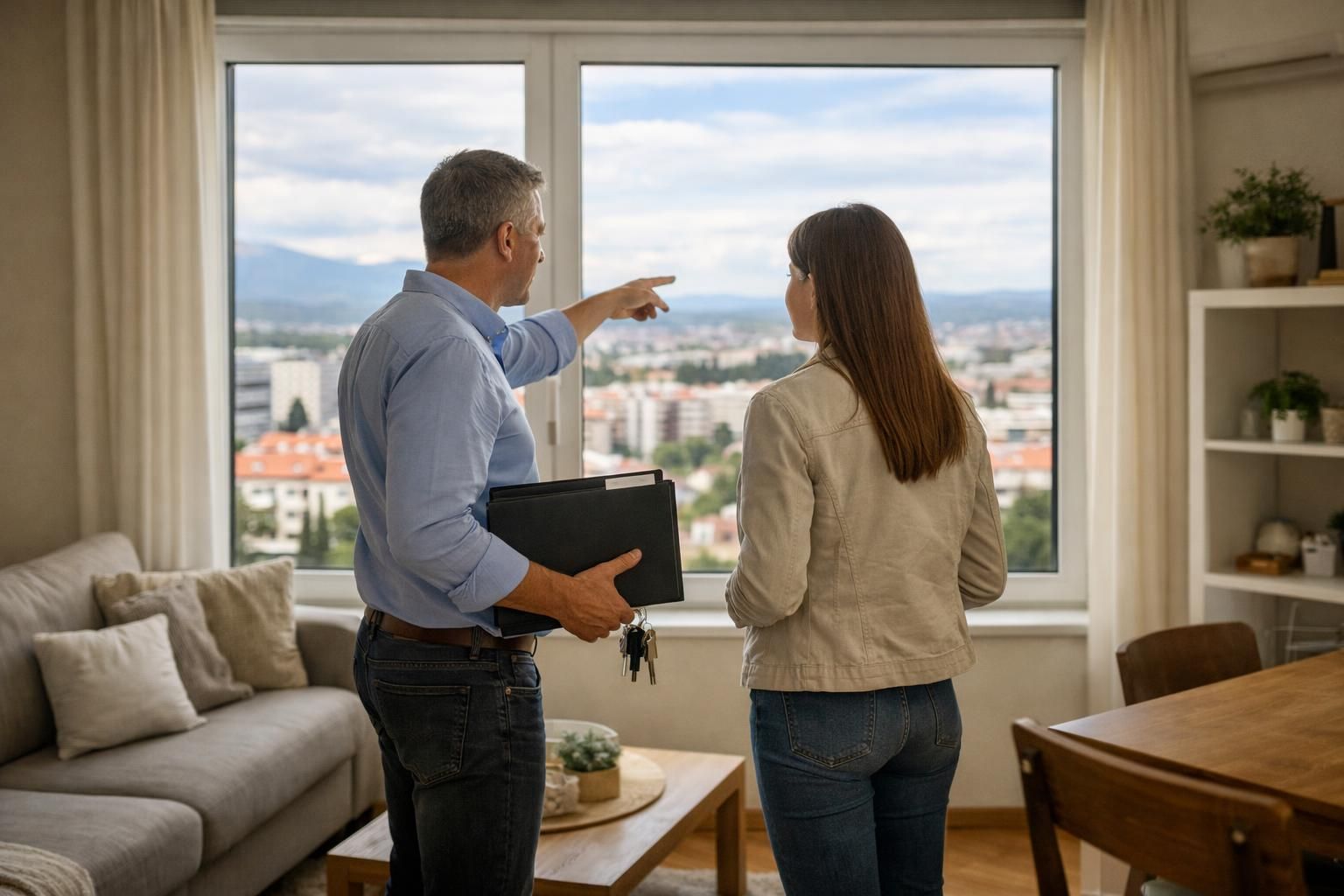 Man pointing out window view to woman in apartment