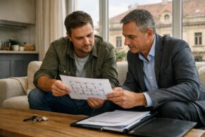 Two men reviewing apartment floor plan and documents on sofa