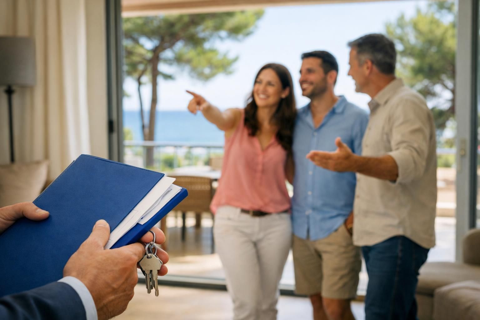 Agent holding blue folder and keys, showing couple apartment view