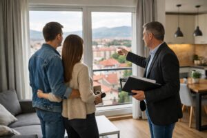 Agent showing apartment view to couple by window
