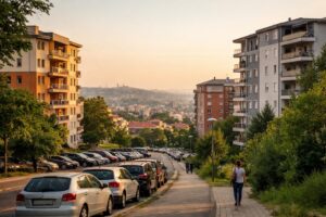 Apartment buildings along sloping street with parked cars at sunset